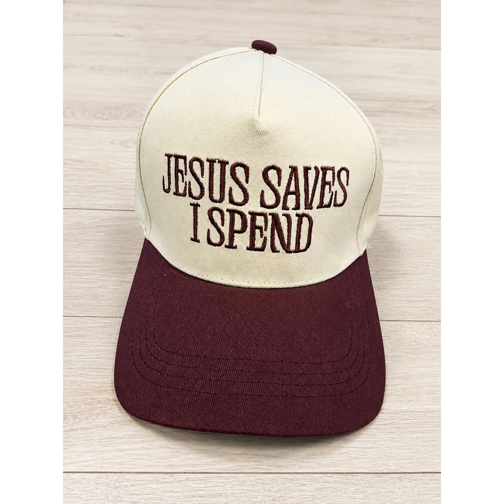 Zenana Jesus Saves I Spend Embroidered Baseball Cap Beige Burgundy New